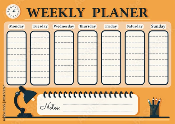 Fototapeta A weekly planer for a student or workers. School Time Table Template with a lamp, clock and pencils on yellow background. Vector illustration in flat cartoon style