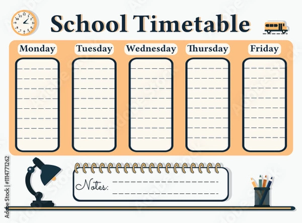 Fototapeta A weekly planer for a student or workers. School Time Table Template with a lamp, clock and pencils on white background. Vector illustration in flat cartoon style