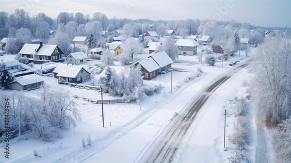 Obraz aerial view of snow-covered village in a winter wonderland
