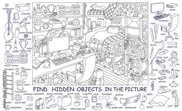 Obraz Find and color hidden objects in the picture. Teenager room interior with furniture and home objects. Cozy children room. Coloring page. Linear sketch vector illustration.