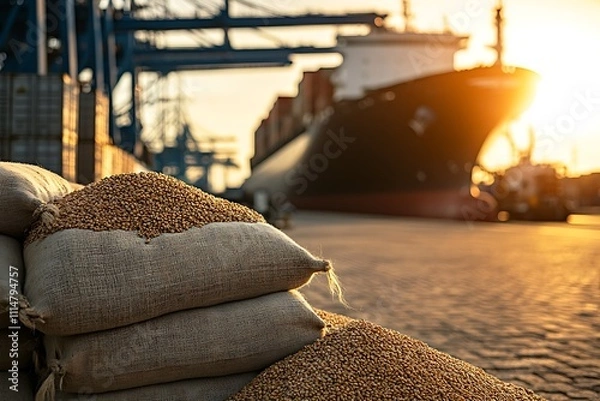 Obraz Sacks of grain awaiting export at a busy port at sunset