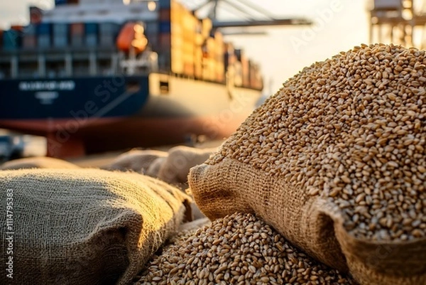 Obraz Wheat grains piled in burlap sacks at commercial dock awaiting export shipment