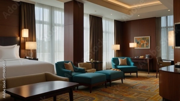 Fototapeta Luxurious hotel suite with king bed, seating area, and large windows.
