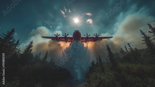 Fototapeta Firefighting aircraft performs water drop in forest during bright midday sunlight