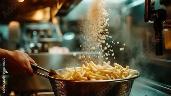 Fototapeta Cooking fresh fries in a busy kitchen with steam rising and salt being added for flavor enhancement