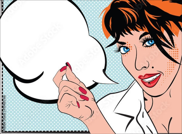 Fototapeta Portrait of girl in style pop art, fashion art for comic books, sketch, card, invitation. Pretty lady portrait, blue frame and speech bubble for text, vector illustration