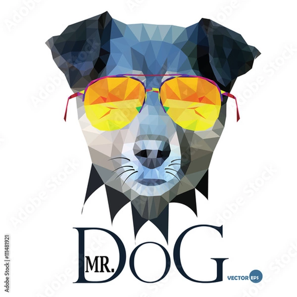 Fototapeta Dog Hipster man, Mr. Dog Terrier in glasses, fashion look animal illustration portrait in polygonal style, isolated on white background. Cartoon and book hero, design for print on things fabrics