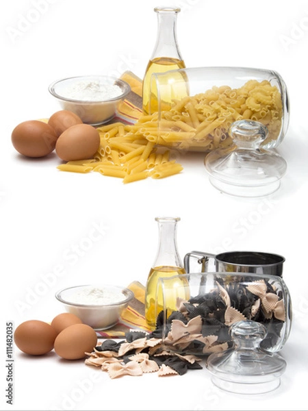 Fototapeta Set of different noodles, cereals and pasta for cooking, butter, eggs and flour-the main ingredients of noodles, the store of food in the kitchen. Still life of food on a white background