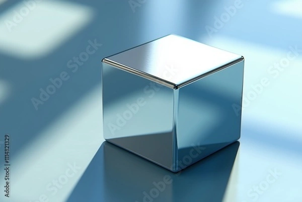 Fototapeta Polished metallic cube reflecting soft ambient light on a blue surface