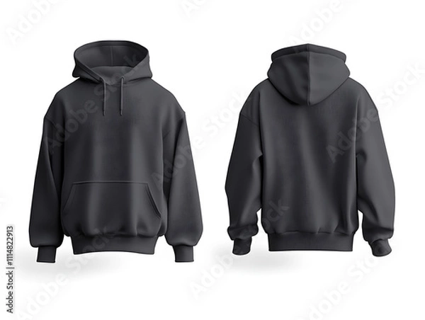 Fototapeta Front view and rear view of dark grey boxy fit hoodie jacket mockup, cotton and linen material