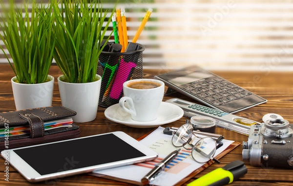 Fototapeta Business Objects office expanded in composition on a table