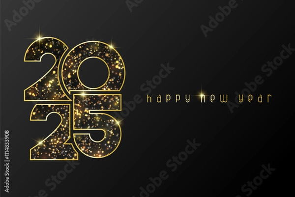 Obraz Happy New Year and Merry Christmas 2025 poster with golden numbers. Winter holidays greeting or invitation. Vector illustration on black background.