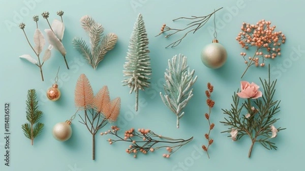 Obraz Beauriful Christmas pattern made of Christmas decoration and fir branches on blue pastel background. Flat lay, top view.