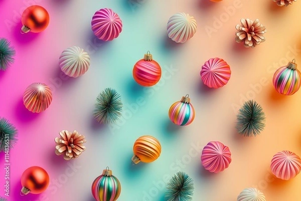 Obraz Pattern made of christmas decoration on a vibrant colour background. Flat lay, top view.
