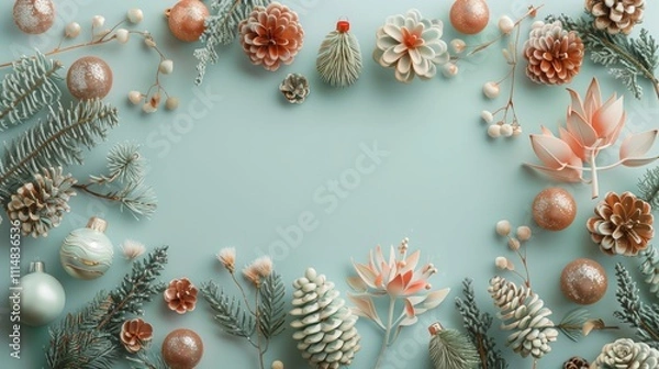 Obraz Beauriful Christmas frame made of Christmas decoration, gifts and fir branches on blue pastel background. Flat lay, top view.
