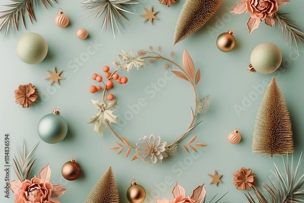 Obraz Beauriful Christmas frame made of Christmas decoration, gifts and fir branches on blue pastel background. Flat lay, top view.
