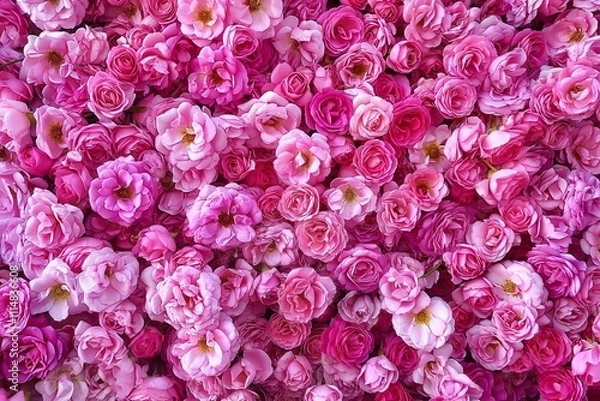 Obraz Floral background made of fresh pink damask roses. A large pile of pink damask roses in full bloom. Flat lay, top view.
