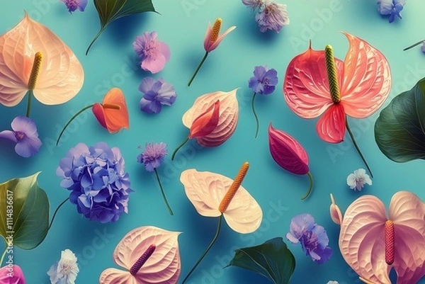 Obraz Colorful floral background. Pile of picked fresh flowers on vibrant background, flat lay. Beautiful spring colors fresh from the garden.
