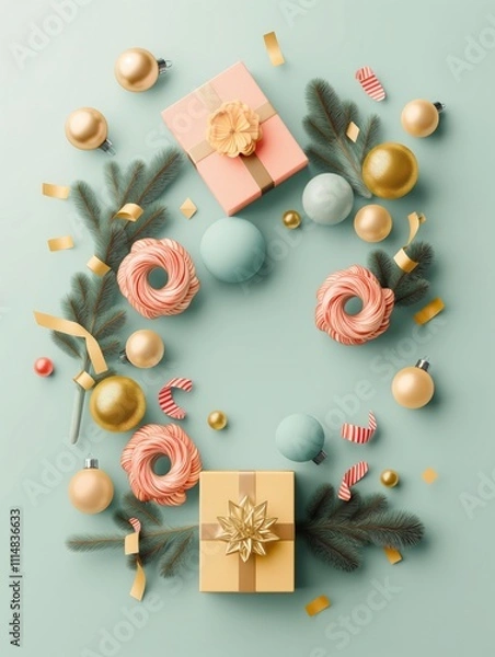 Obraz Beauriful Christmas composition made of Christmas decoration, gifts and fir branches on blue pastel background. Flat lay, top view.
