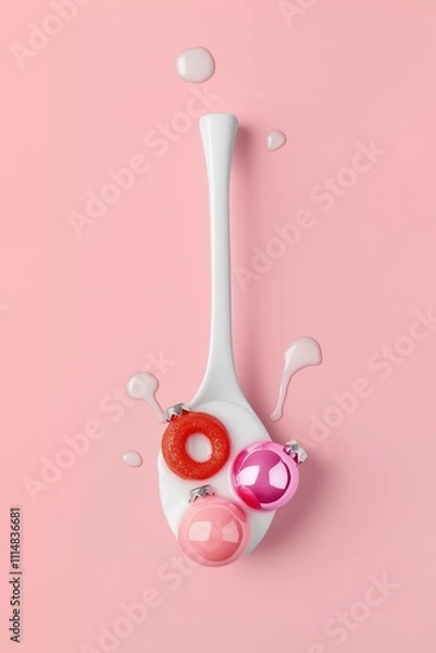 Obraz A white spoon with colorful christmas ornaments, the milk dripping on a pink background. A pastel aesthetic, simple and minimalistic.