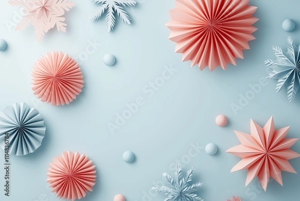 Obraz Frame made of paper decoration. Origami New Year ornaments on soft pastel background.