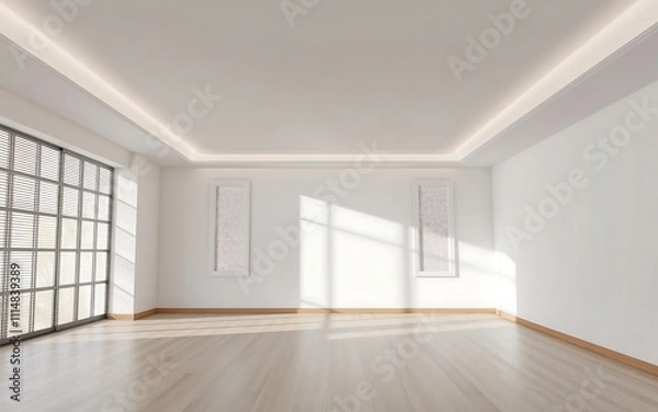 Fototapeta Sunlight streams into a spacious empty room showcasing minimalist design hardwood floors white walls and a large window with blinds Recessed lighting enhances the clean lines of this modern interior.
