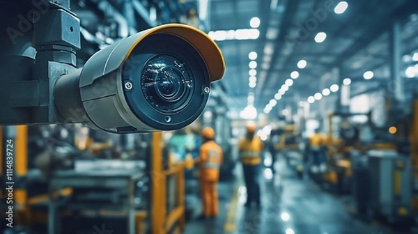 Fototapeta Industrial surveillance camera monitoring factory floor with workers in the background.