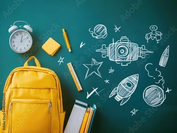 Obraz Backpack and Space Drawings on a Green Chalkboard