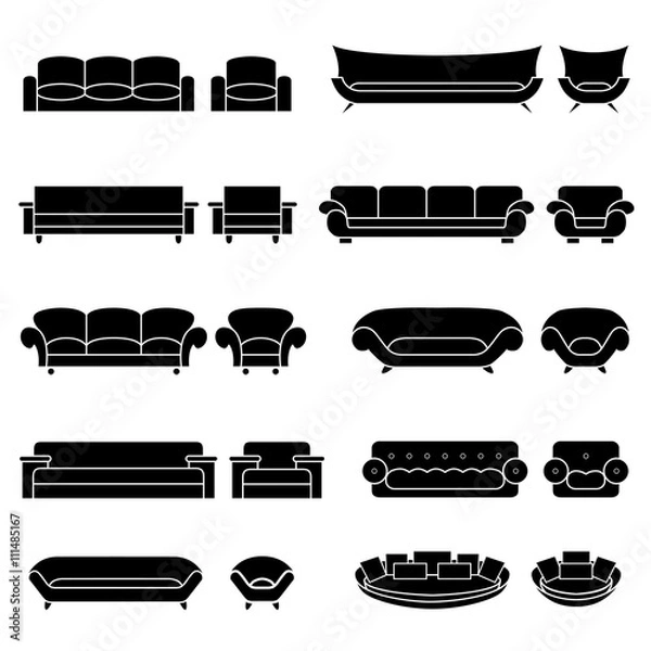 Fototapeta Icons set of furniture. Icons set for living room vector illustration. A set of sofas and armchairs on the isolated background.