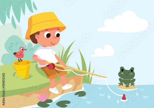 Fototapeta Boy is sitting on the bank of river, pond and fishing on spinning rod,  sunny day, frog sitting next, bird sitting on bucket, water lilies float calmly in quiet water 