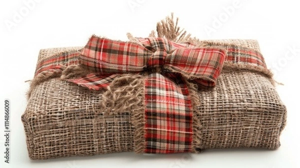 Fototapeta A rustic Christmas gift box wrapped in burlap fabric and tied with a red plaid ribbon