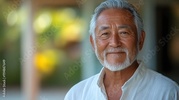 Obraz Portrait of a smiling senior Asian man with gray hair and beard, outdoors.