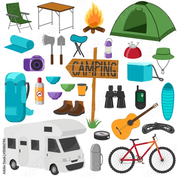 Fototapeta Set of camping equipment symbols. Hike collection. Icons set isolated on white background.