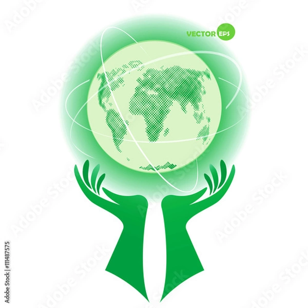 Fototapeta Globe, planet Earth. Earth Day, protect the environment day. World in our hands, help for nature. Environmental protection. Globe on hands with ways, vector illustration concept design