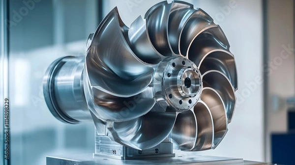 Fototapeta 5 Axis CNC Milling Machine Shaping Turbocharger Component with Precision Ball End Mill in Advanced Manufacturing Environment.illustration