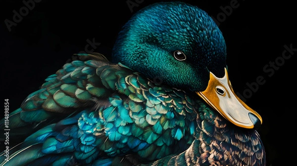 Obraz A close-up portrait of a mallard duck with green and blue feathers against a black background evokes a sense of tranquility and nature4k image