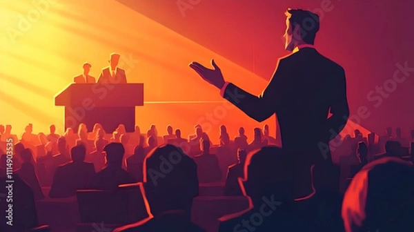 Fototapeta High-definition illustration of a leader giving a speech with hands raised, capturing the attention of an engaged audience in a large corporate hall4k image