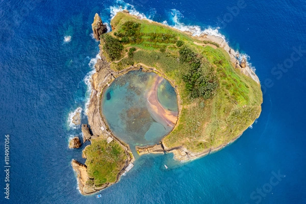 Fototapeta Azores aerial amazing view. Top view of Islet of Vila Franca do Campo. Crater of an old underwater volcano. San Miguel island, Azores, Portugal. Heart carved by nature. Bird eye view.