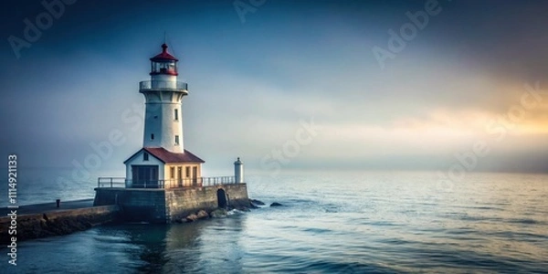 Fototapeta Foggy harbor lighthouse with ocean view , misty, maritime, navigation, beacon, atmospheric, serene, weather, tower