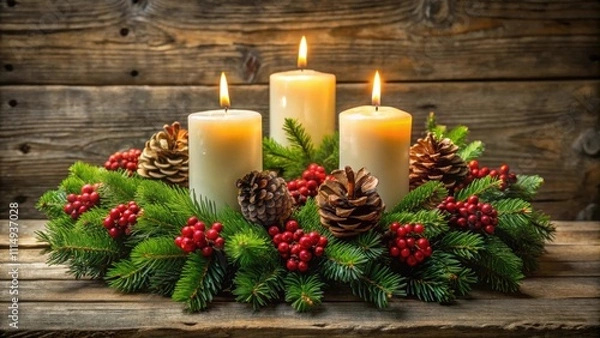 Fototapeta Festive holiday wreath with four lit candles, pine cones, and berries, festive, holiday, wreath, candles, pine cones