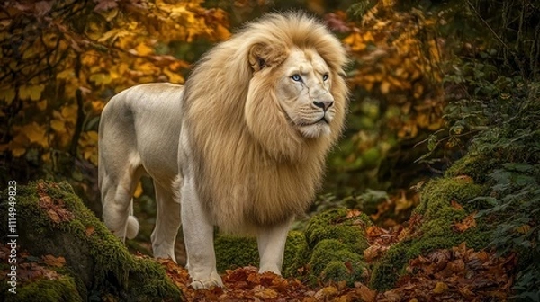 Fototapeta Majestic white lion in a colorful autumn forest 