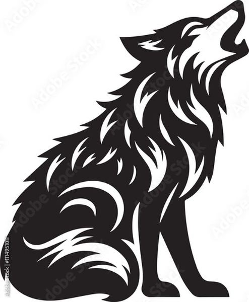 Fototapeta A wolf in a crouched howling pose with its head turned to the side black vector silhouette