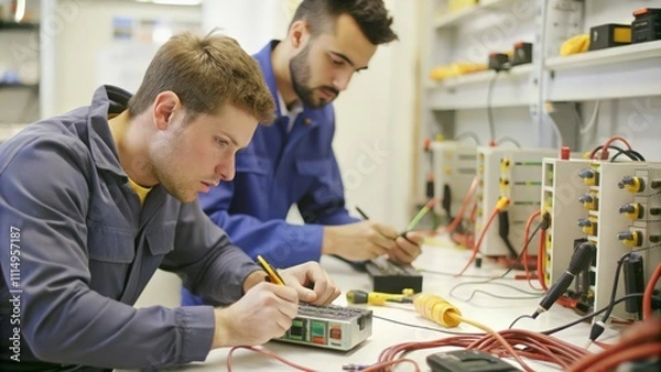 Fototapeta Two Electricians Working on Electrical Equipment in a Workshop