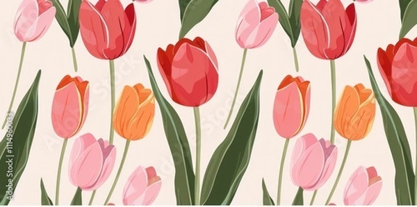 Fototapeta Colorful tulips illustration with a variety of shapes and shades, creating a vibrant floral pattern on a soft beige background. Perfect for spring themes and decorations.
