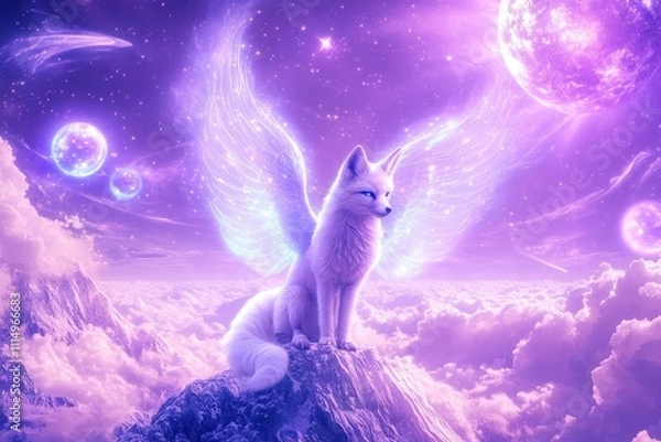Obraz Mystical winged fox perched atop a mountain peak, bathed in ethereal purple light amidst a dreamy cloudscape and celestial bodies.