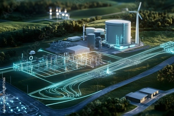 Fototapeta A futuristic energy facility with wind turbines and digital elements.