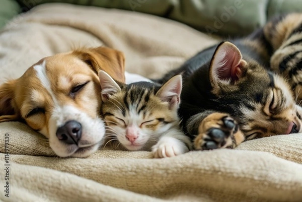 Obraz Cat and dog sleeping. Puppy and kitten sleep