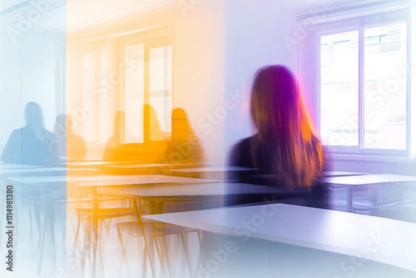 Fototapeta Teacher Speaking in a Minimalistic White Classroom with Artistic Motion Blur and Aura Effects