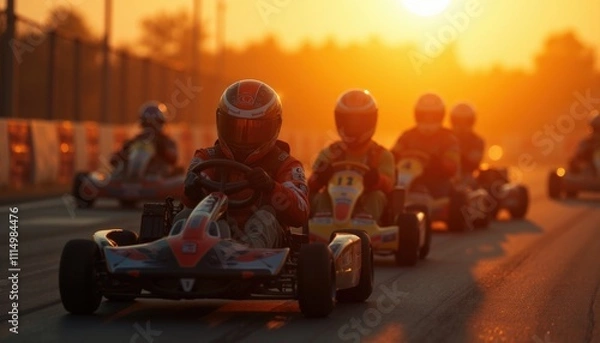 Fototapeta Dynamic kart racing at sunset an action-packed competitive experience