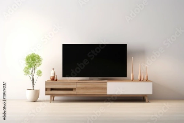 Fototapeta Cozy living room scene featuring a modern flat-screen TV mounted on a wall with a sleek entertainment unit below, isolated on white background